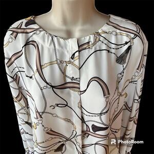 Ann Taylor Tassel Print Shirred Neck Button Front Blouse Womens XL Cream Black